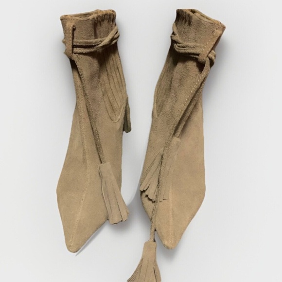 Free people tassel booties boho suede tan pointed toe boots heeled $200 - Picture 1 of 5